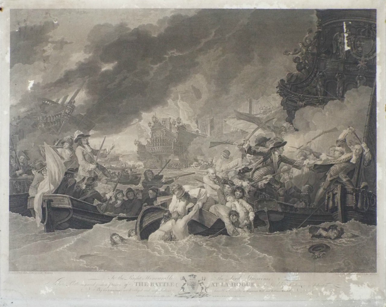 Print - To the Right Honourable the Lord Grosvenor, This Plate engraved from a Picture of The Battle at La Hogue in his Lordship's Collection is dedicated By his Lordship's much obliged and most obedient humble Servants, Benjamin West and William Woollett. - Woollett